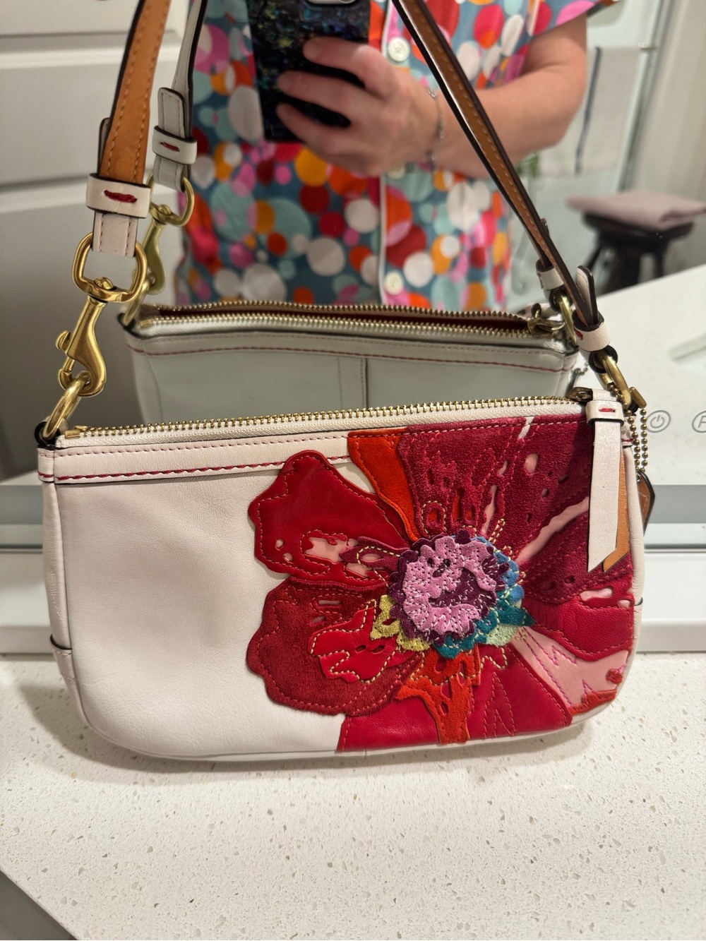 Coach White Leather shoulder purse  with Red Floral Applique
